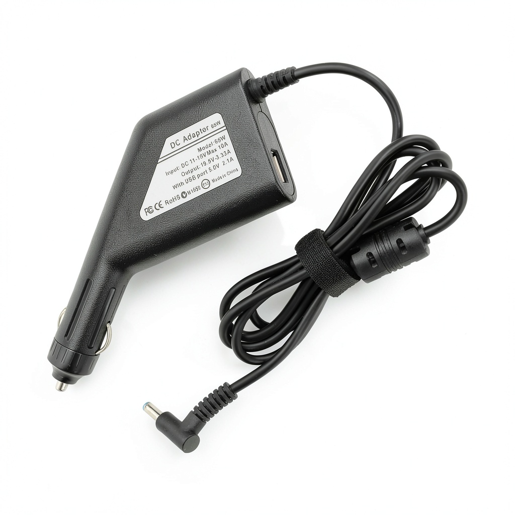 HP laptop car charger plugged into a vehicle outlet with laptop connected