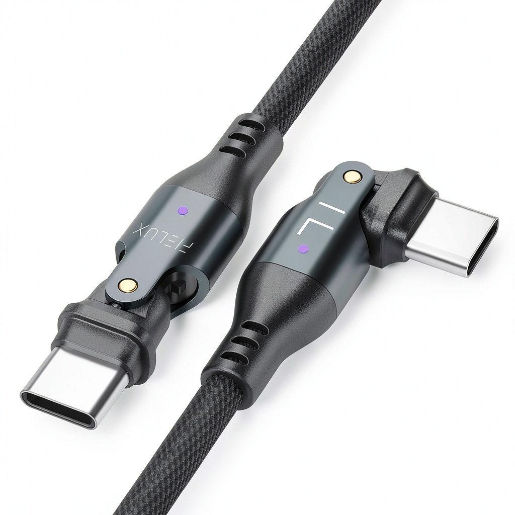 USB C cable with rotating head charging a laptop