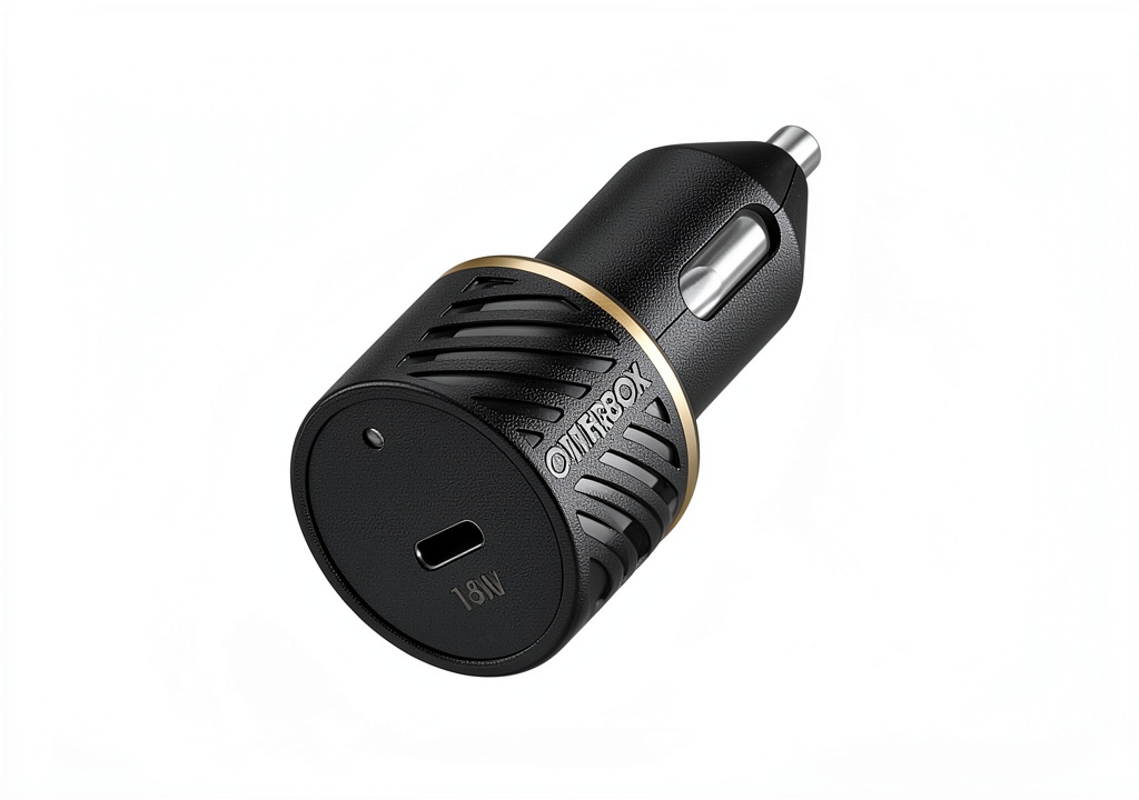 OtterBox Fast Charge Car Charger plugged into a car outlet with a smartphone charging