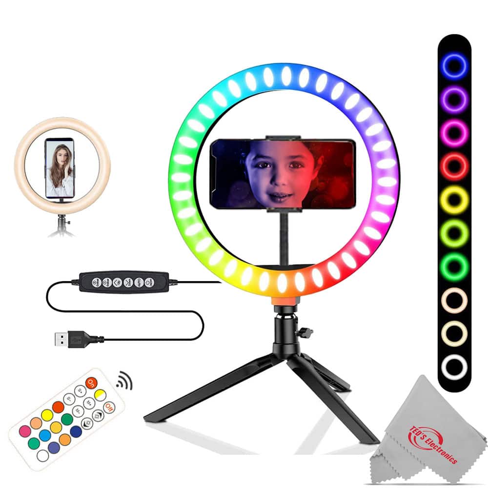 Pavo 10-inch LED RGB Ring Light mounted on tripod with phone holder