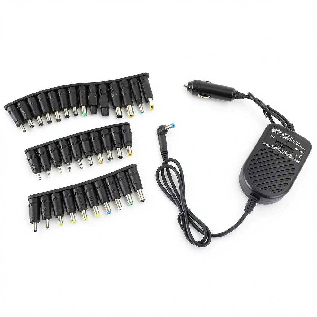 Universal Laptop Car Charger with 34 tips displayed on a car seat