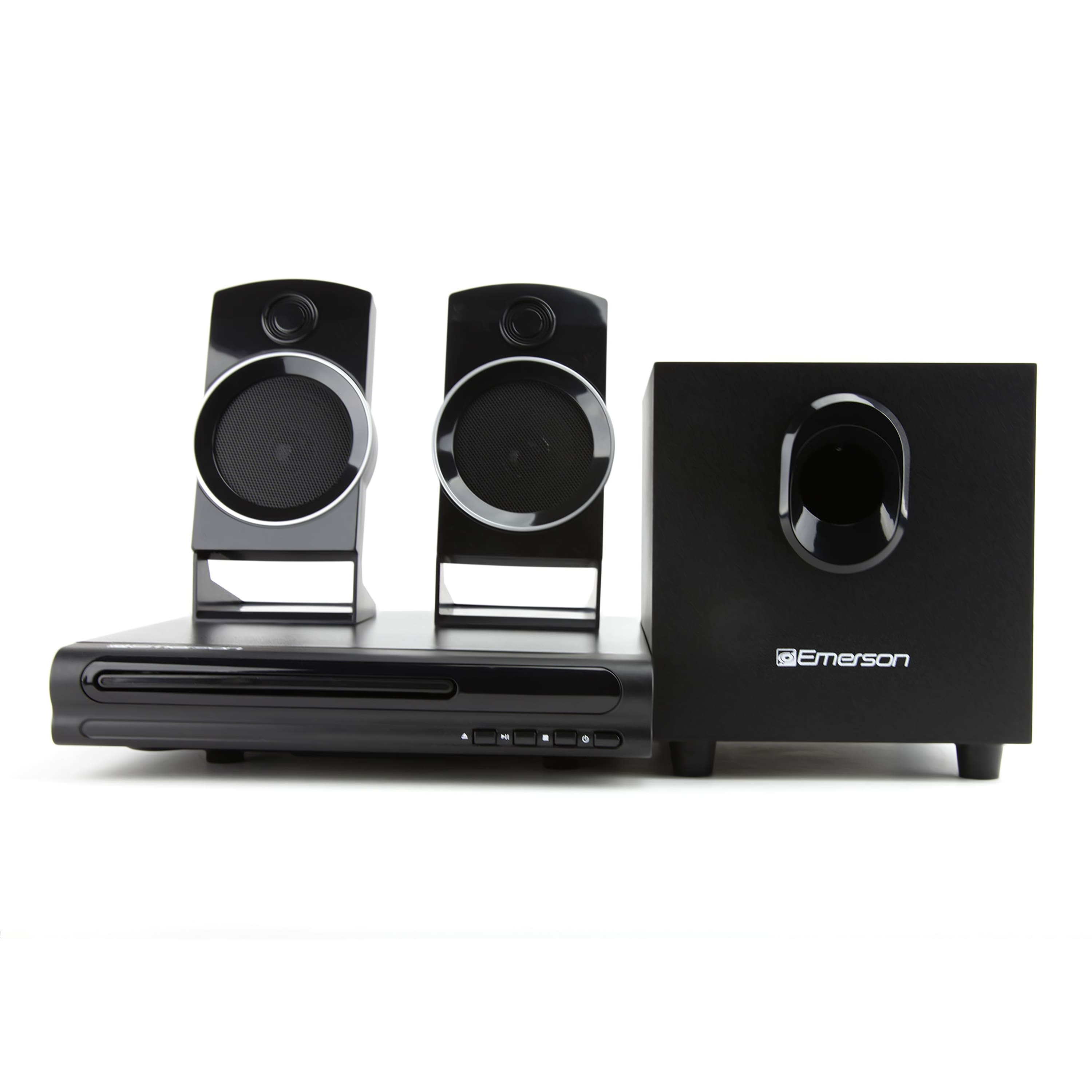 Emerson Home Theater System setup in a modern living room