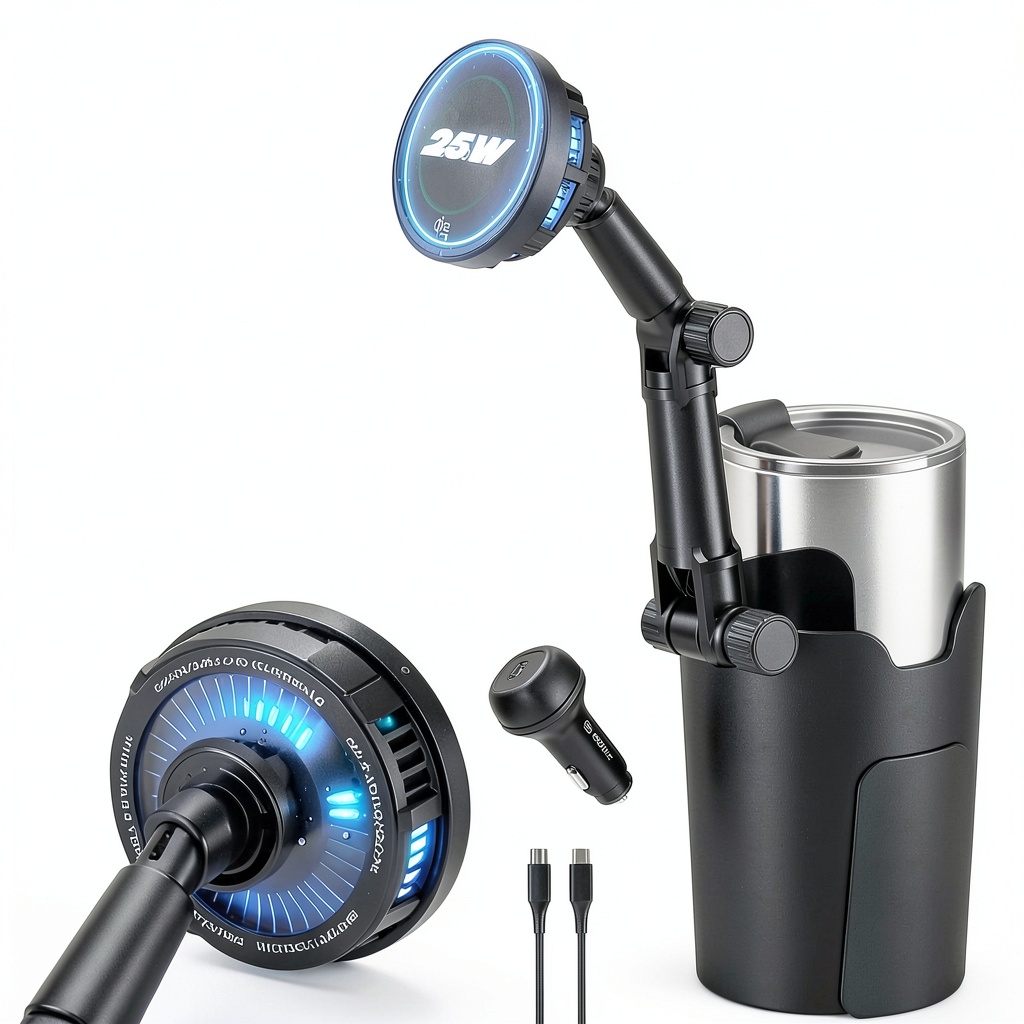 Esoulk Qi2.2 25W Cooling Cup Holder Mount in a car cup holder