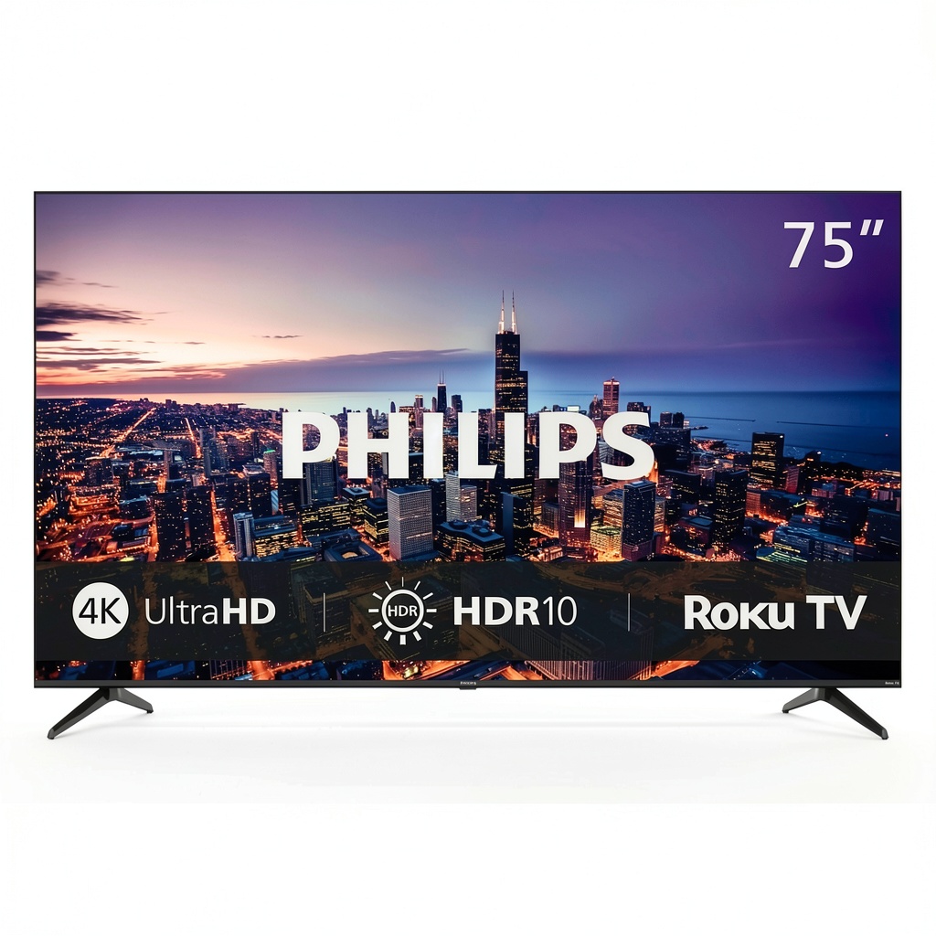 Philips 75-inch 4K UHD Smart Roku TV in a living room setting