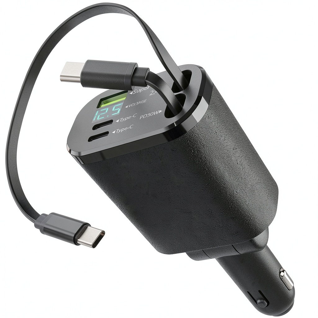 Vena car charger with retractable cables extended in a vehicle console
