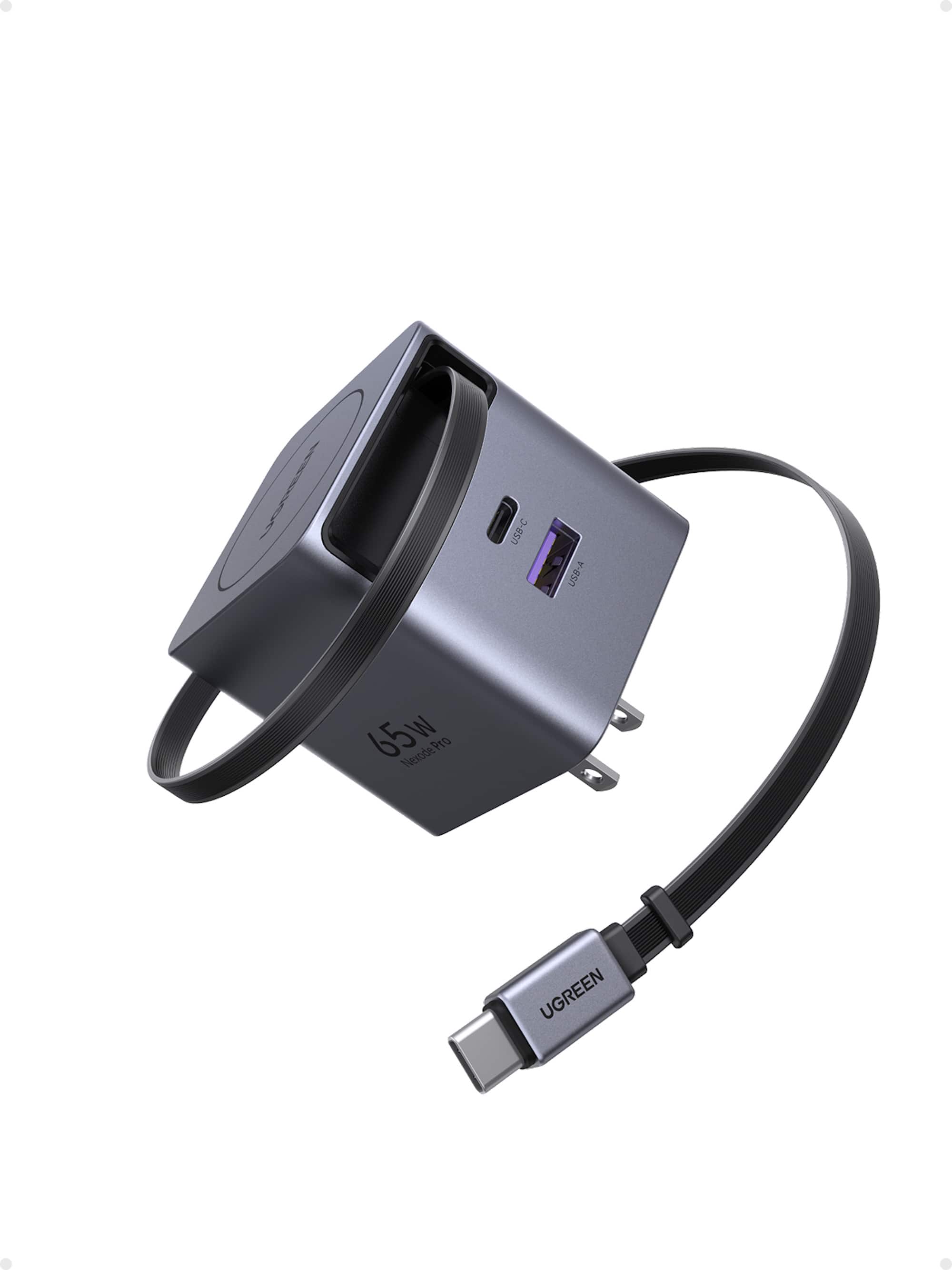 UGREEN Nexode 65W GaN Charger showing compact design and foldable plug