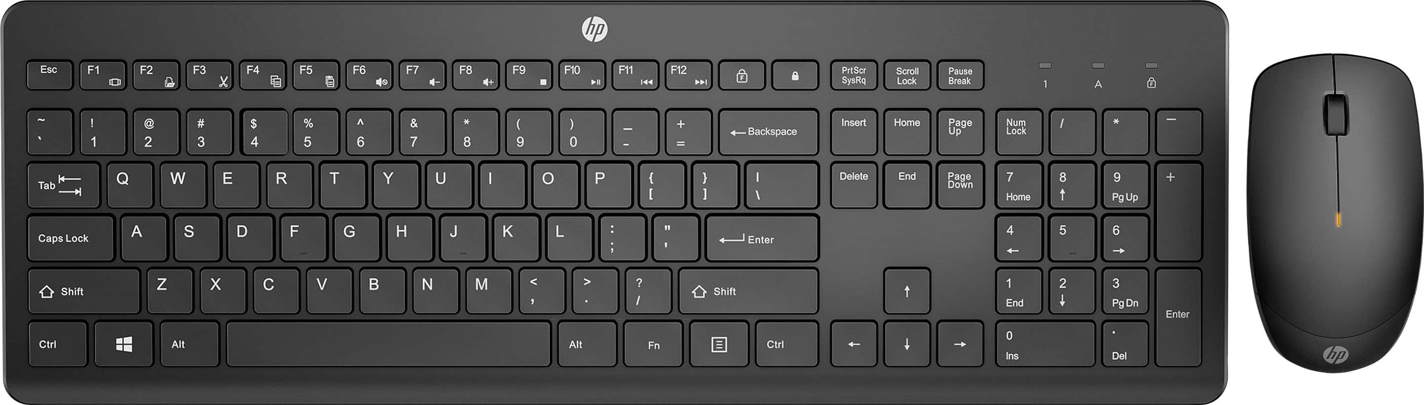 HP 230 wireless keyboard and mouse bundle set up on a home office desk