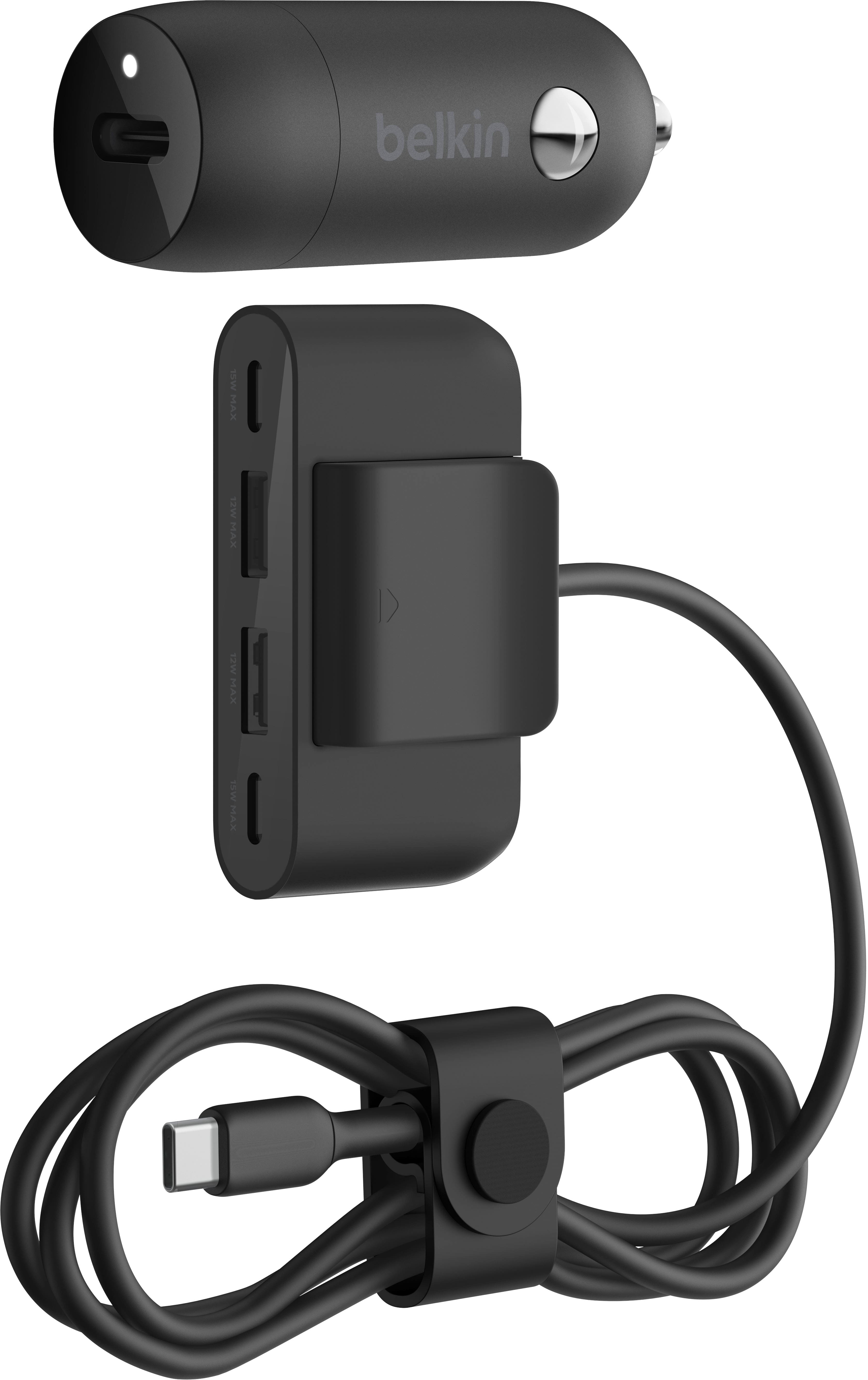 Belkin 30W car charger plugged into a car dashboard with multiple devices connected