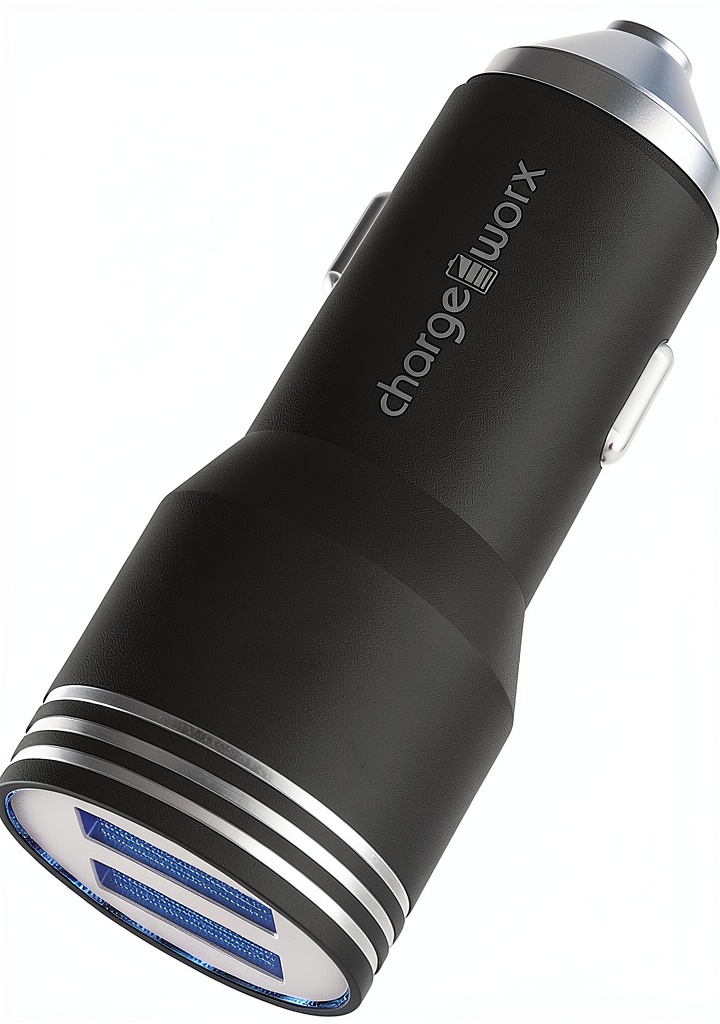 Dual USB charger in use with smartphone and tablet