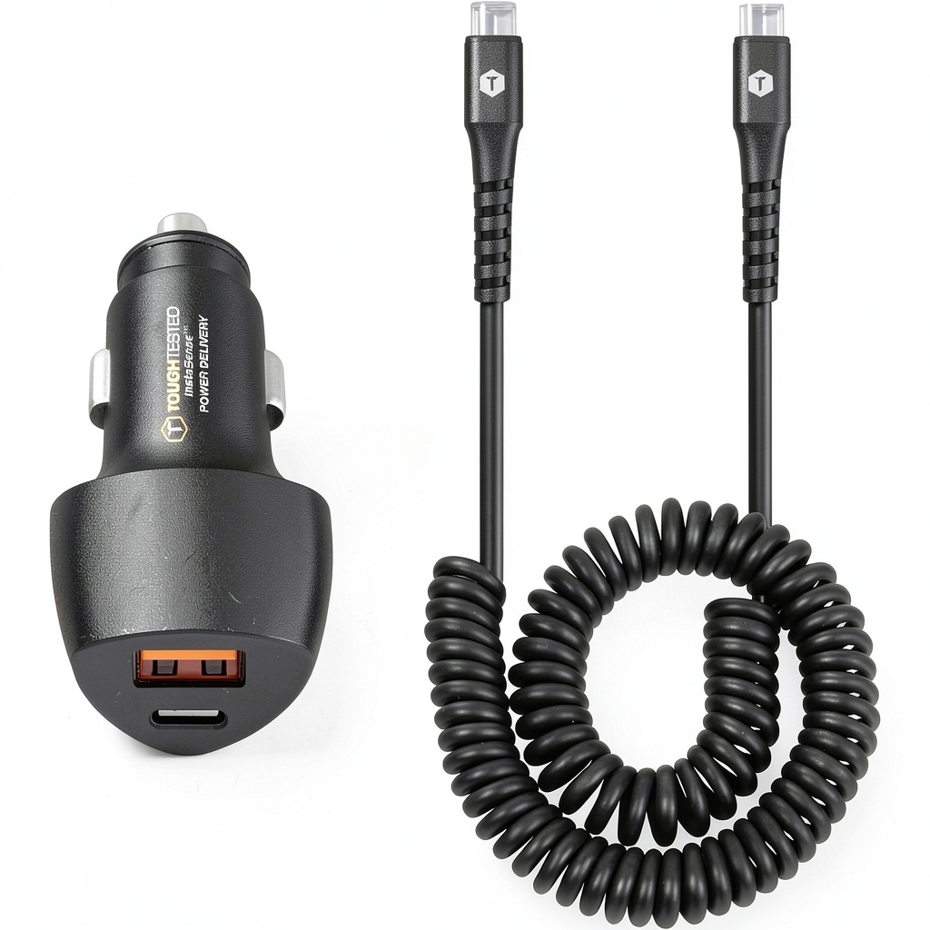 ToughTested car charger plugged into vehicle with devices charging